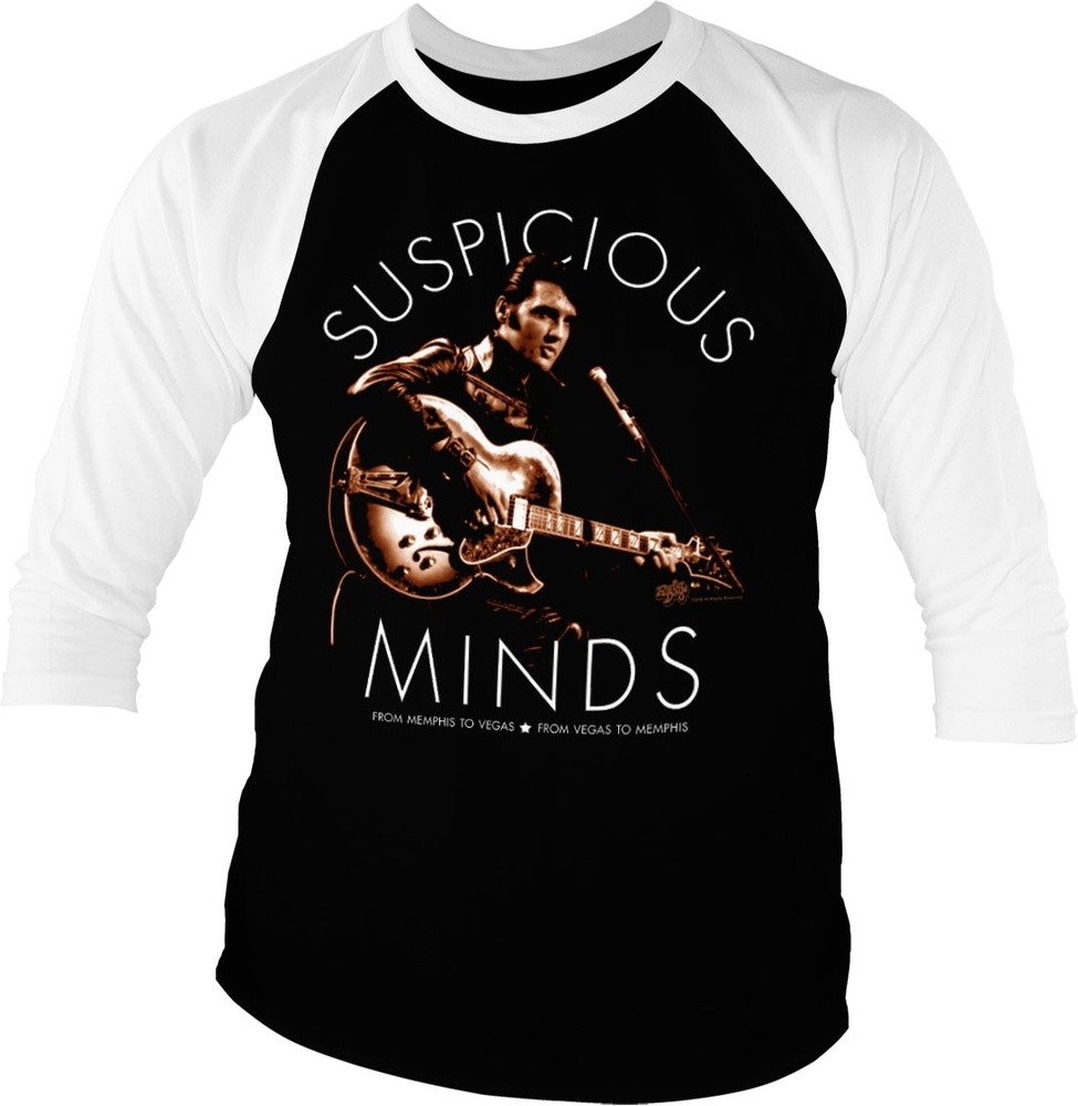 Elvis Presley Suspicious Minds Baseball 3/4 Sleeve Tee T-Shirt Weiß-Schwarz - Herren / Unisex