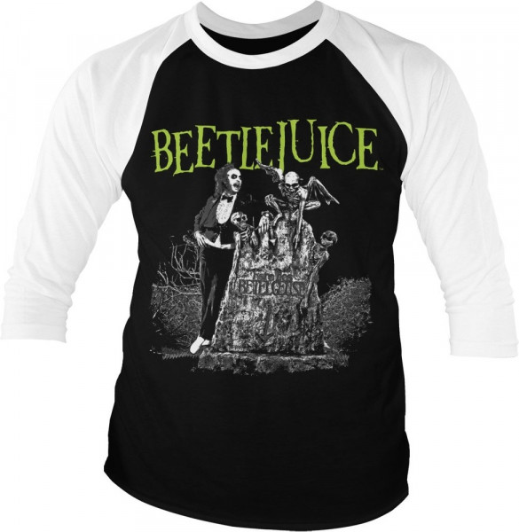 Beetlejuice Headstone Baseball 3/4 Sleeve Tee T-Shirt White-Black