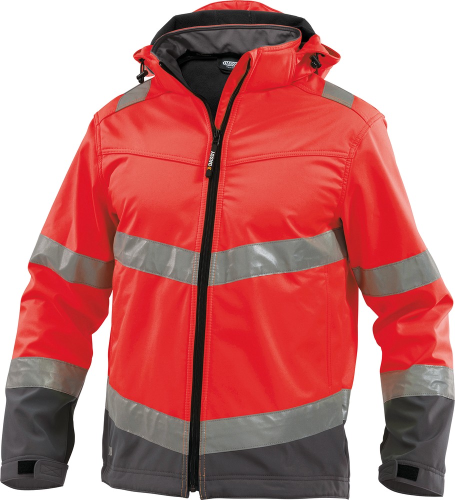 Dassy Warnschutz Softshell-Jacke Malaga PES74 Neonrot/Zementgrau - Herren / Unisex