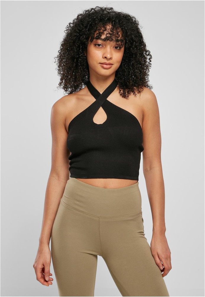 Urban Classics Damen Shirt Ladies Rib Knit Crossed Neckholder Top Schwarz - Damen