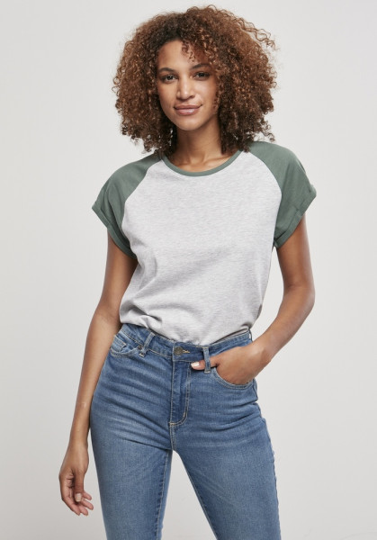 Urban Classics Damen T-Shirt Ladies Contrast Raglan Tee Lightgrey/Paleleaf