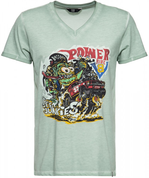 King Kerosin Roll-Up T-Shirt Oil Wash mit Monster-Print und V-Ausschnitt KK4215352393 Mint