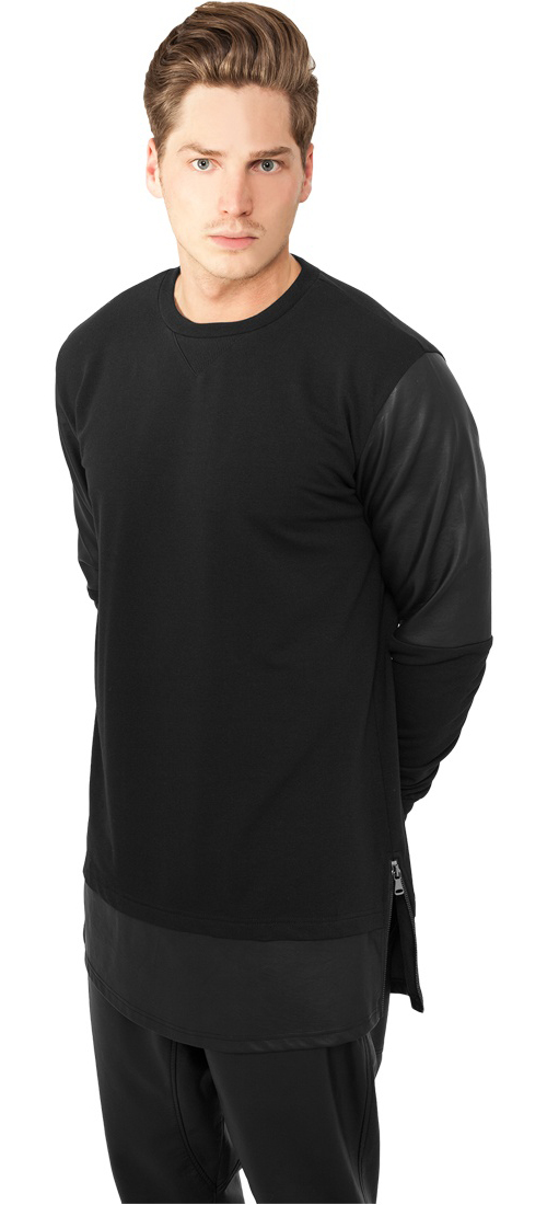 Urban Classics Pullover Long Zipped Leather Imitation Crewneck Schwarz - Herren / Unisex