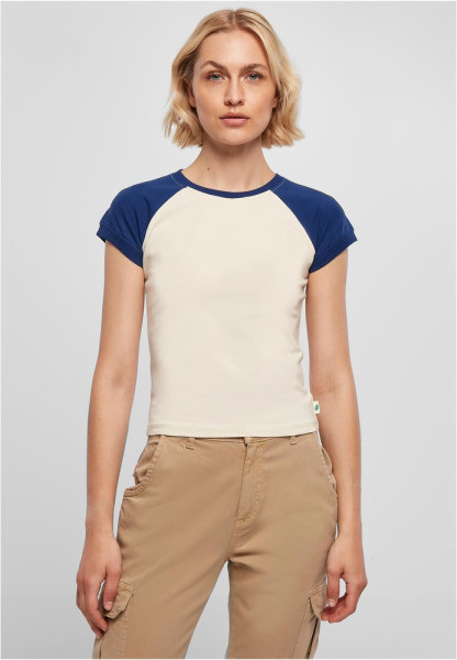 Urban Classics Damen T-Shirt Ladies Organic Stretch Short Retro Baseball Tee Whitesand/Spaceblue