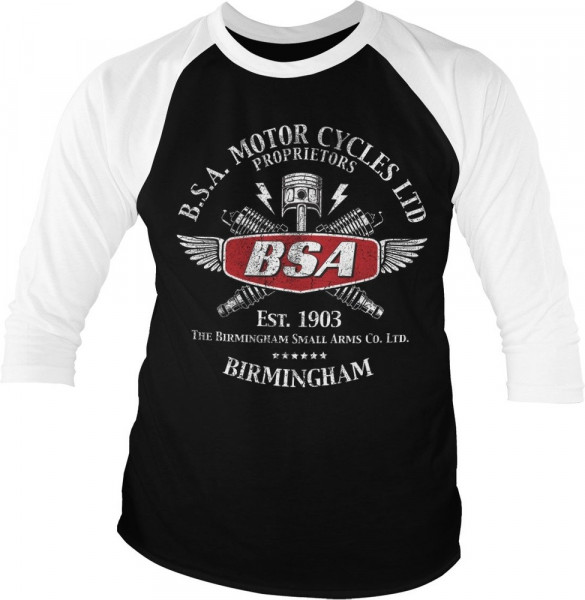 BSA Motor Cycles Sparks Baseball 3/4 Sleeve Tee T-Shirt White-Black