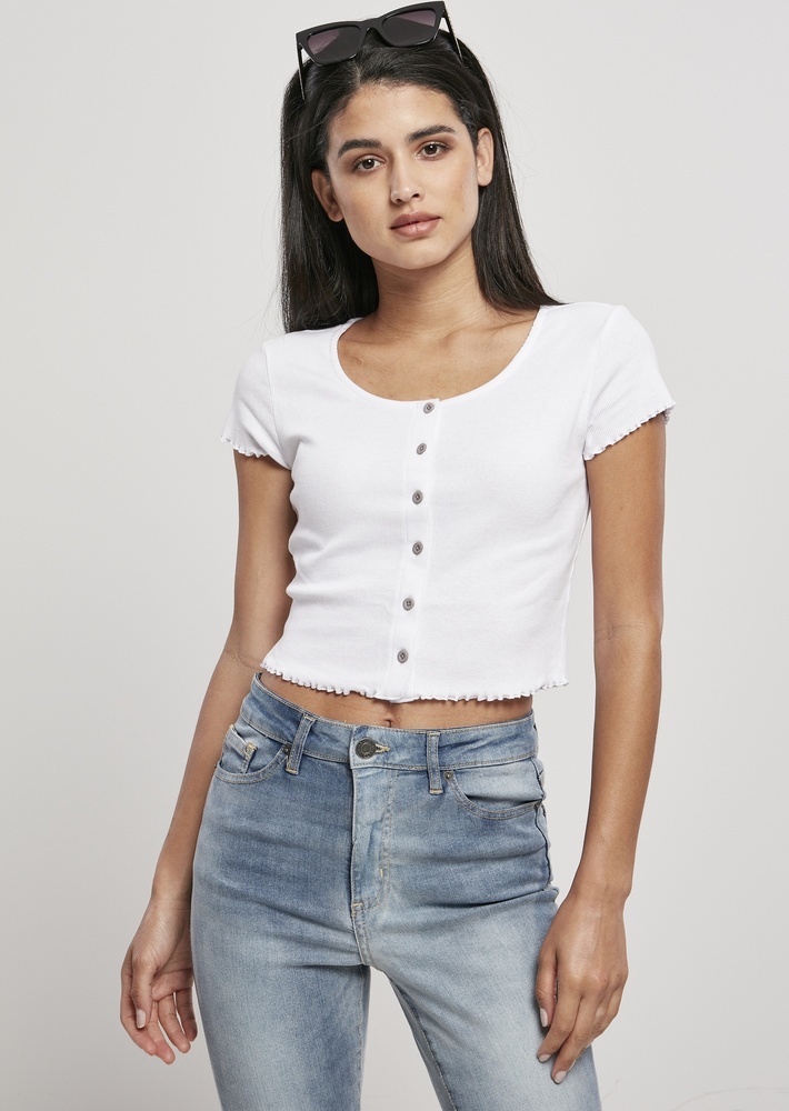 Urban Classics Damen T-Shirt Ladies Cropped Button Up Rib Tee Weiß - Damen