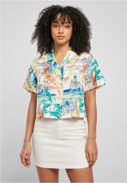Urban Classics Damen Ladies Aop Satin Resort Shirt Softyellowvacation