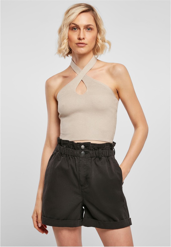 Urban Classics Damen Shirt Ladies Rib Knit Crossed Neckholder Top Lighttaupe - Damen
