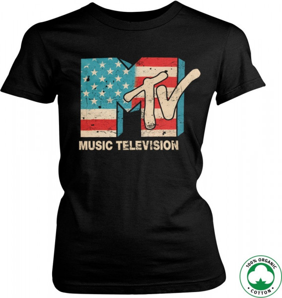 MTV Distressed USA-Flag Organic Girly T-Shirt Damen Black