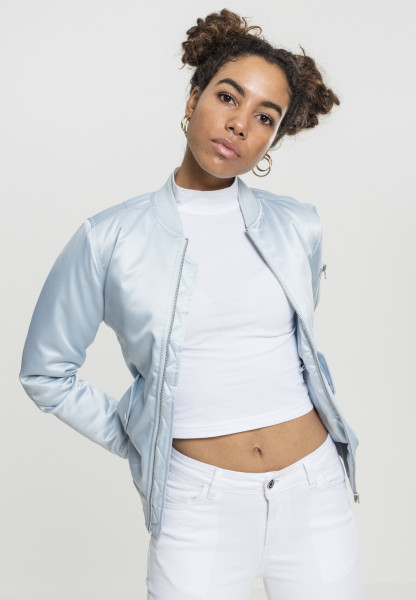 Urban Classics Damen Bomber Jacke Ladies Satin Bomber Jacket Baby Blue