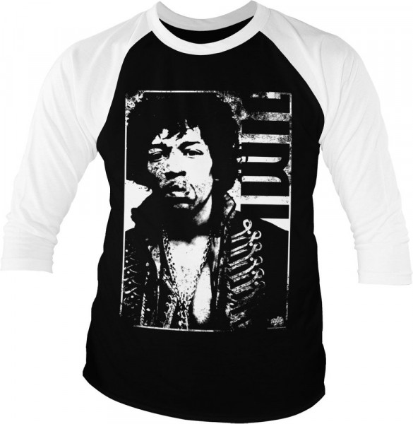 Jimi Hendrix Distressed Baseball 3/4 Sleeve Tee T-Shirt White-Black