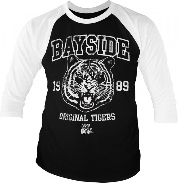 Saved By The Bell Bayside 1989 Original Tigers Baseball 3/4 Sleeve Tee T-Shirt White-Black