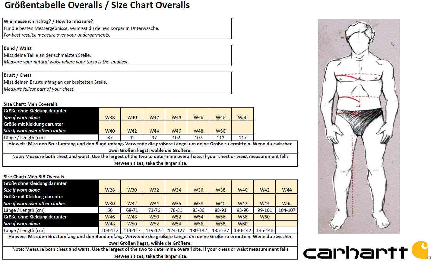 Carhartt overalls size chart best sale