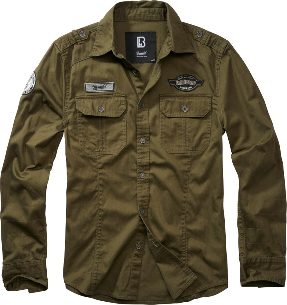 Brandit Men Hemd Luis Vintageshirt with badges Olive - Herren / Unisex