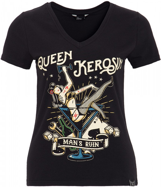 Queen Kerosin Kurzarm Shirt mit mehrfarbigem Retro-Print und Logo-Patch QK4195358074 Black