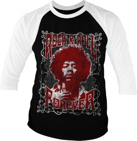 Jimi Hendrix Rock 'n Roll Forever Baseball 3/4 Sleeve Tee T-Shirt White-Black