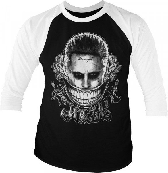 Suicide Squad Joker Damaged Baseball 3/4 Sleeve Tee T-Shirt White-Black