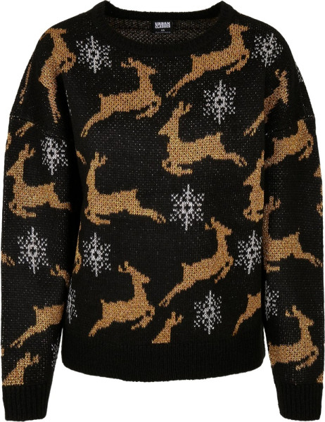 Urban Classics Damen Sweatshirt Ladies Oversized Christmas Sweater Black/Gold