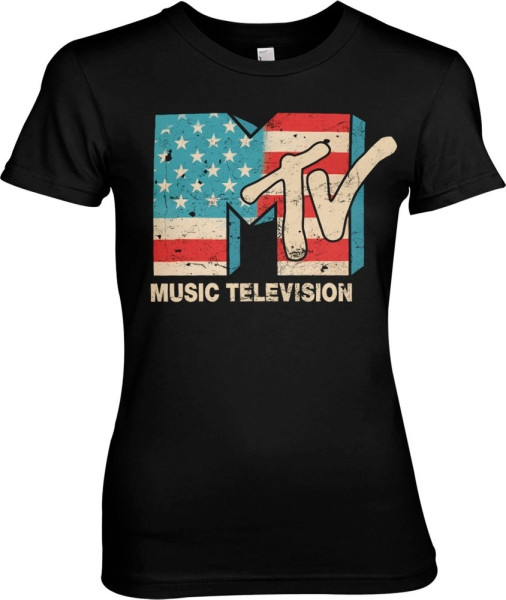 MTV Distressed USA-Flag Girly Tee Damen T-Shirt Black