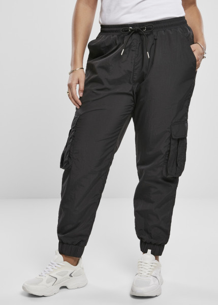 Urban Classics Damen Hose Ladies High Waist Crinkle Nylon Cargo Pants Black