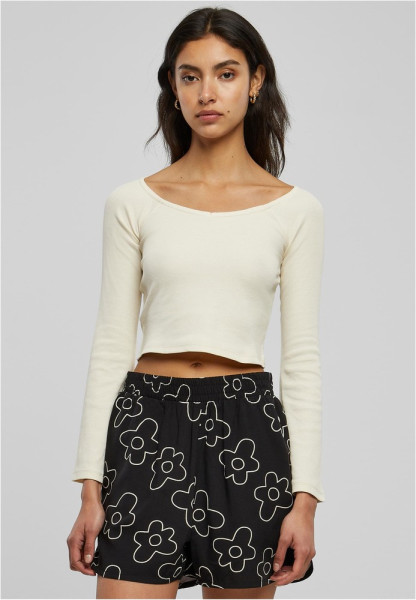 Urban Classics Damen Ladies Short Rib Wide V-Neck Longsleeve Whitesand