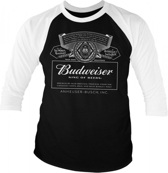 Budweiser White Logo Baseball 3/4 Sleeve Tee T-Shirt White-Black