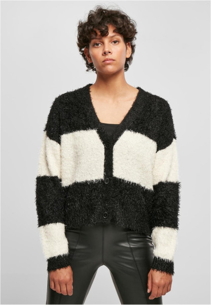 Urban Classics Damen Strickjacke Ladies Short Oversized Feather Cardigan Black/Whitesand