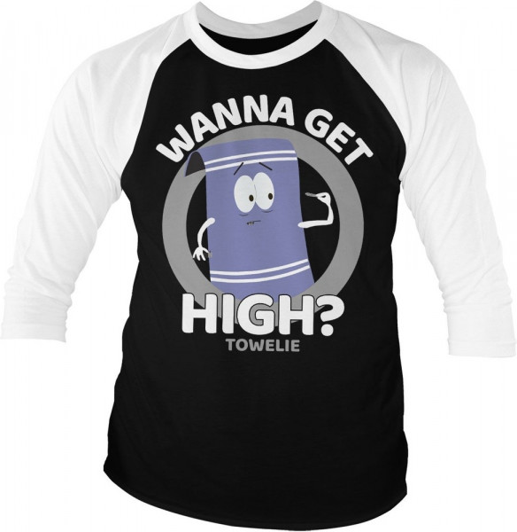 South Park Towelie Wanna Get High Baseball 3/4 Sleeve Tee T-Shirt White-Black