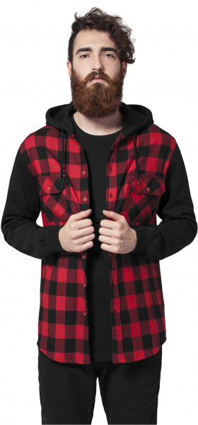 Urban Classics Shirt Hooded Checked Flanell Sweat Sleeve Shirt Black/Red/Bl