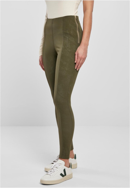 Urban Classics Damen Hose Ladies Washed Faux Leather Pants Olive