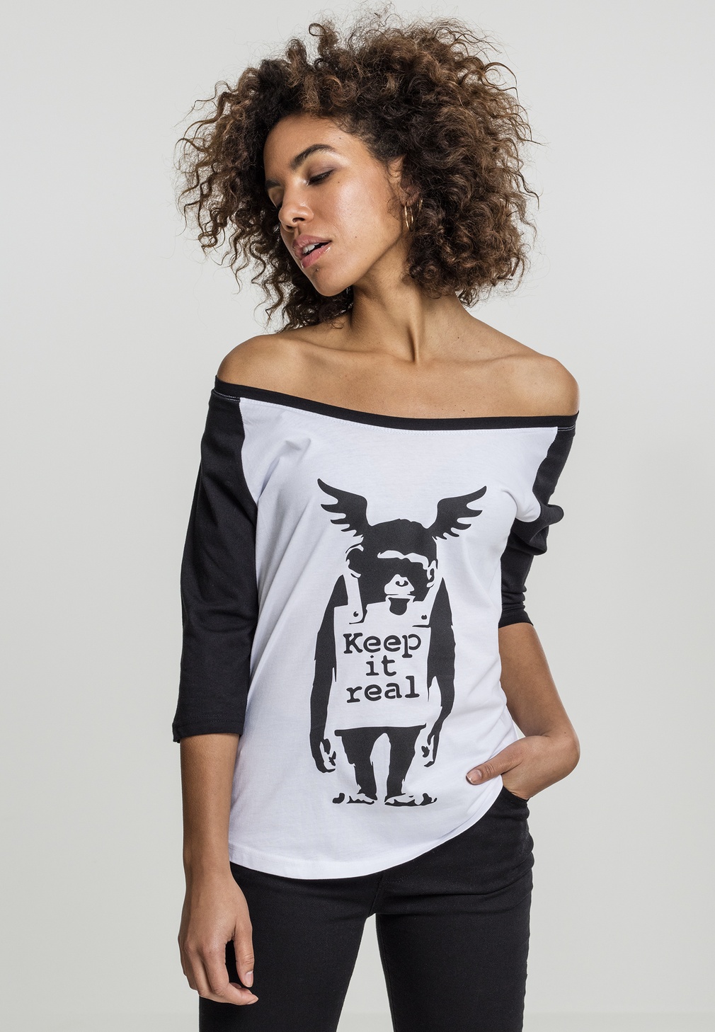Merchcode Damen Shirt Ladies Brandalised - Banksy ́s Graffiti Ape Raglan Tee Weiß/Schwarz - Damen