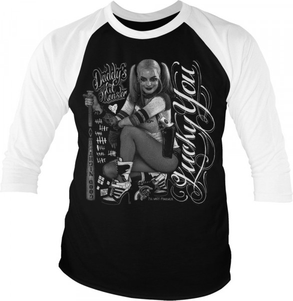 Suicide Squad Harley Quinn Lucky You Baseball 3/4 Sleeve Tee T-Shirt White-Black
