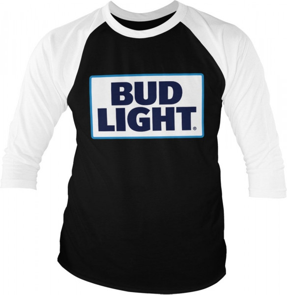 Budweiser Bud Light Logo Baseball 3/4 Sleeve Tee T-Shirt White-Black