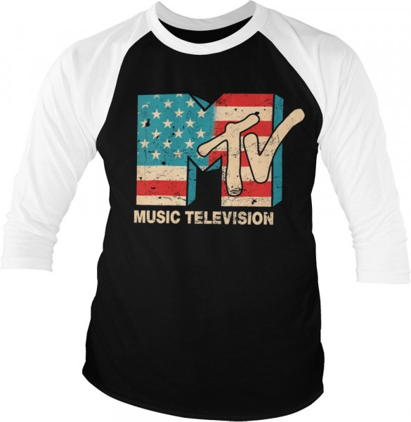 MTV Distressed USA-Flag Baseball 3/4 Sleeve Tee T-Shirt White-Black