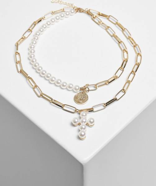 Urban Classics Kette Pearl Cross Layering Necklace Pearlwhite/Gold