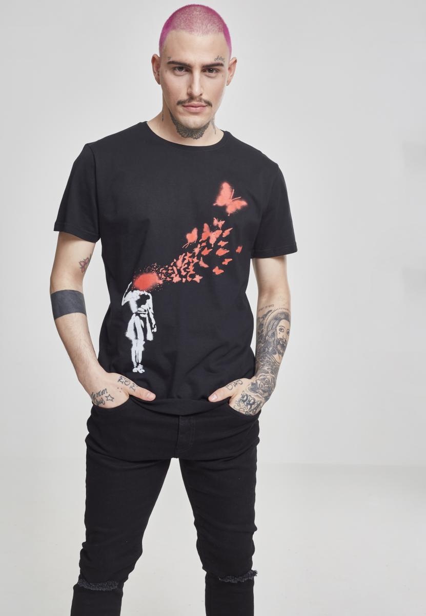 Merchcode T-Shirt Brandalised - Banksy ́s Graffiti Butterfly Tee Schwarz - Herren / Unisex