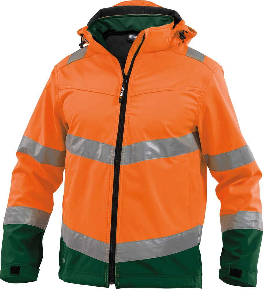 Dassy Warnschutz Softshell-Jacke Malaga PES74 Neonorange/Flaschengrün - Herren / Unisex
