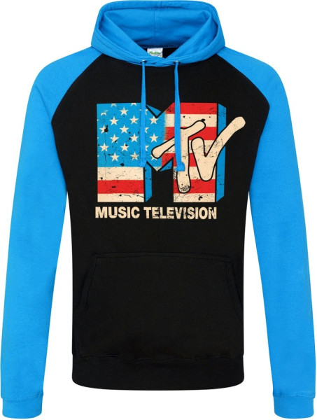 MTV Distressed USA-Flag Baseball Hoodie Black-Blue