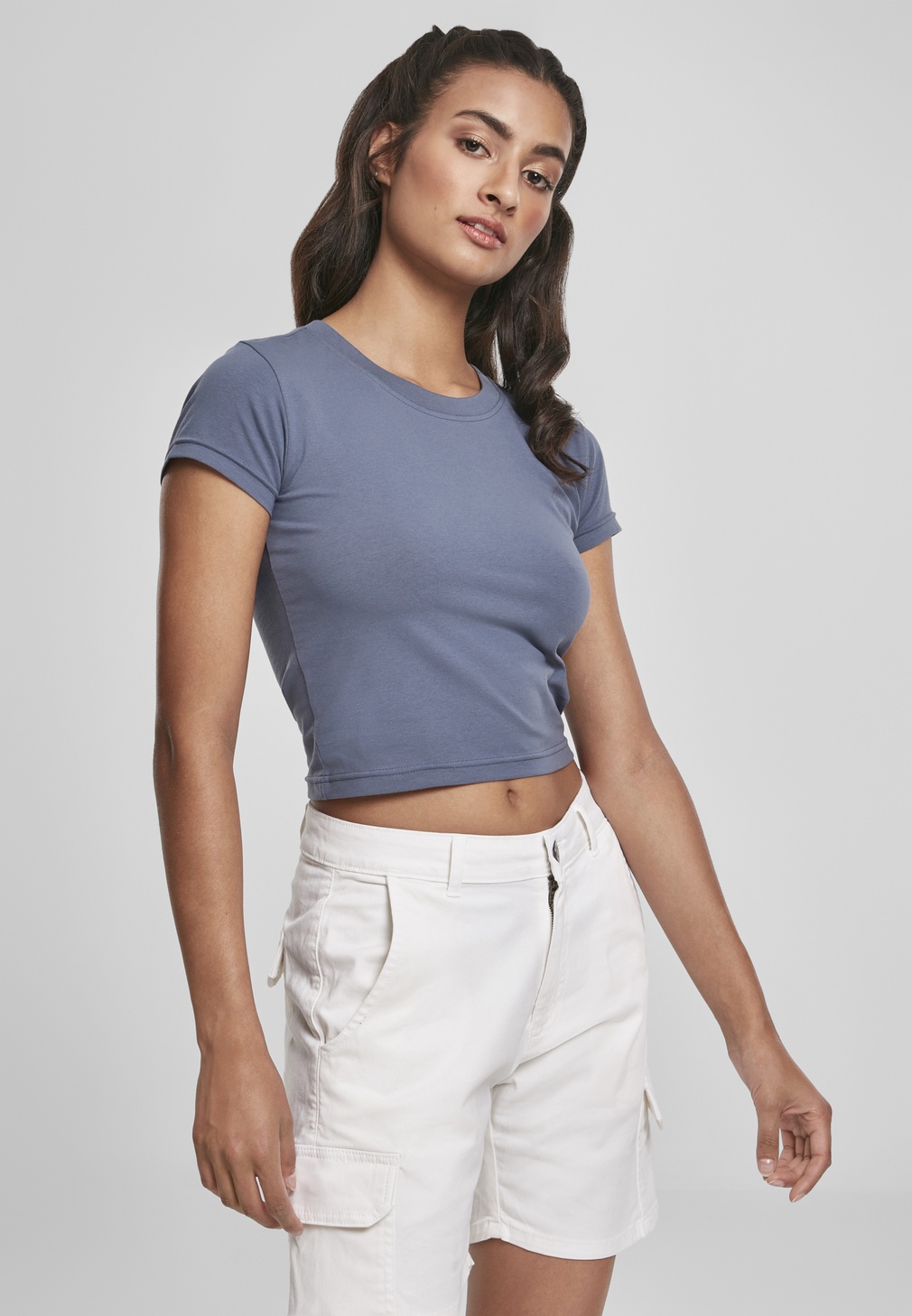 Urban Classics Damen Shirt Ladies Stretch Jersey Cropped Tee Vintageblue - Damen