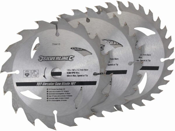 Silverline Sägeblätter Hartmetall-Kreissägeblätter, 16, 24 und 30 Zähne, 3er-Pckg.