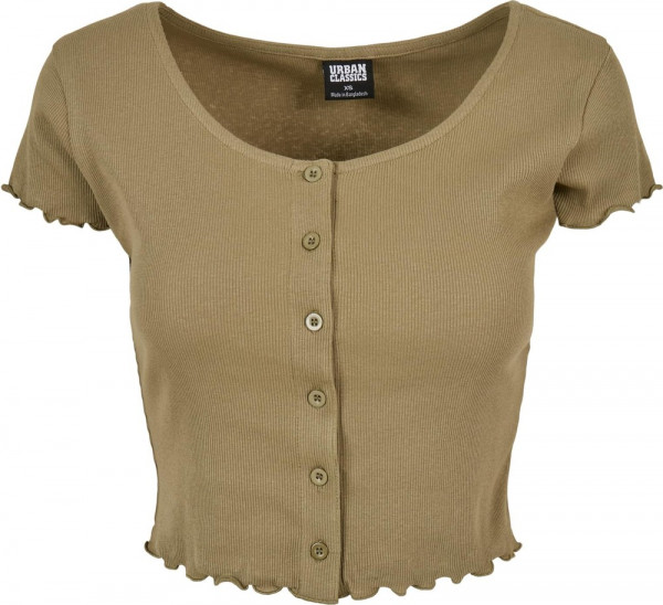 Urban Classics Damen Ladies Cropped Button Up Rib Tee Khaki
