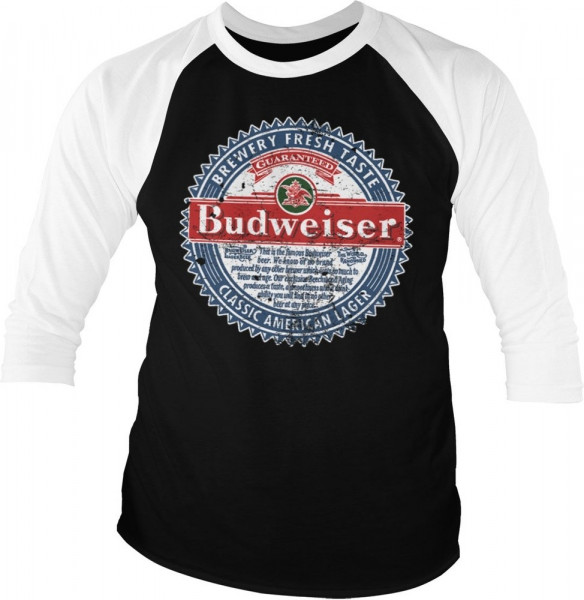 Budweiser American Lager Baseball 3/4 Sleeve Tee T-Shirt White-Black