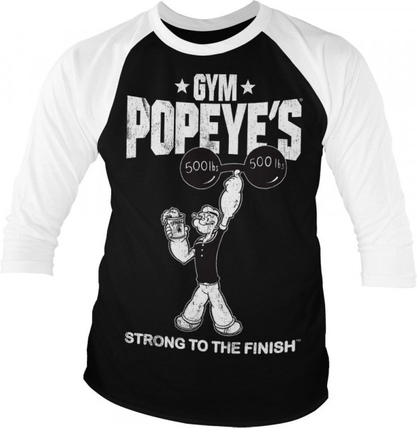 Popeye Strong To The Finish Baseball 3/4 Sleeve Tee T-Shirt White-Black