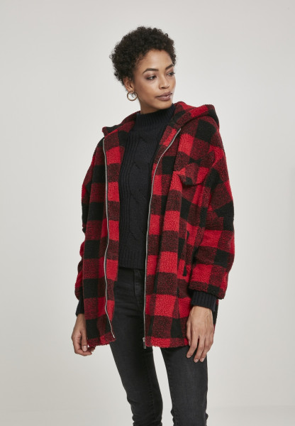 Urban Classics Women Winter Jacket Ladies Hooded Oversized Check Sherpa Jacket Firered/Black