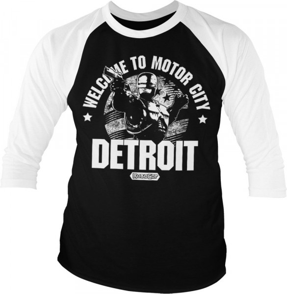 Robocop Welcome To Motor City Baseball 3/4 Sleeve Tee T-Shirt White-Black