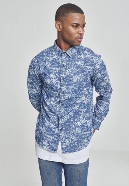 Urban Classics Hemd Printed Palm Denim Shirt Light Blue Wash