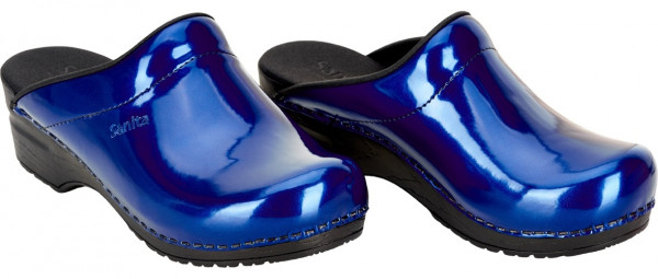 Sanita Damen Offener Clog Original-Metallic Patent Open Blue