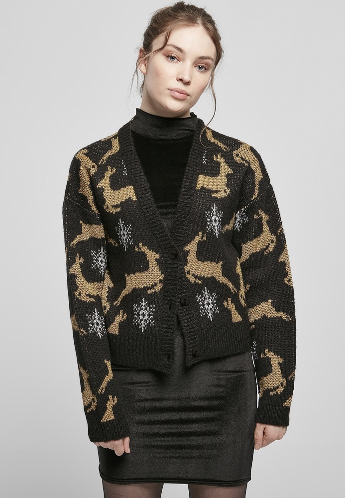 Urban Classics Damen Cardigan Ladies Short Oversized Christmas Cardigan Schwarz/Gold - Damen