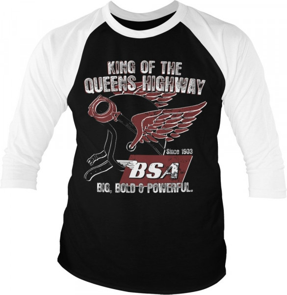 BSA King Of The Queens Highway Baseball 3/4 Sleeve Tee T-Shirt White-Black