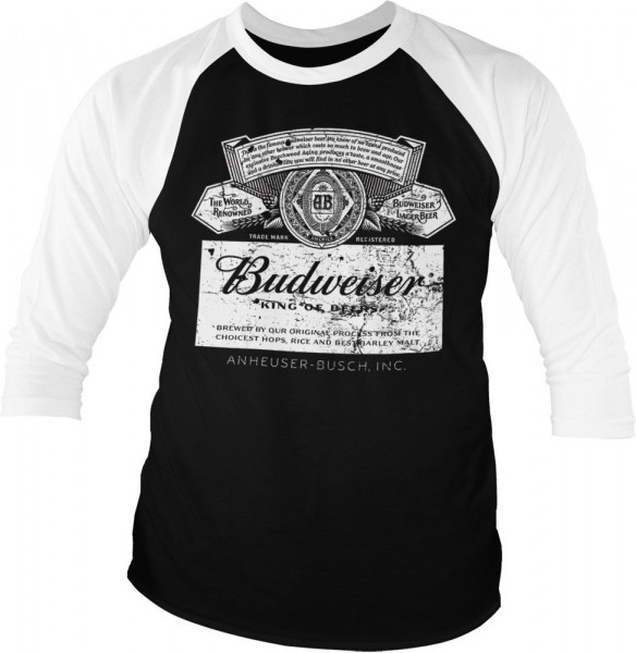 Budweiser Washed Logo Baseball 3/4 Sleeve Tee T-Shirt White-Black